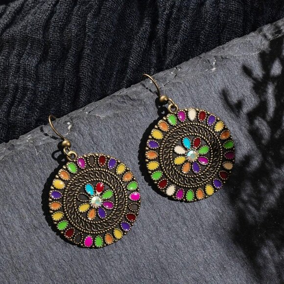 3/$35 Ethnic Dangle Drop Fashion Earrings Antique Gold Round Colourful Stones - Picture 5 of 7